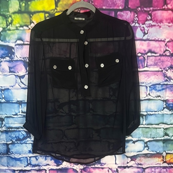 LOEFFLER RANDALL 90S BLACK SILK CHIFFON SHEER BLOUSE - Picture 1 of 4